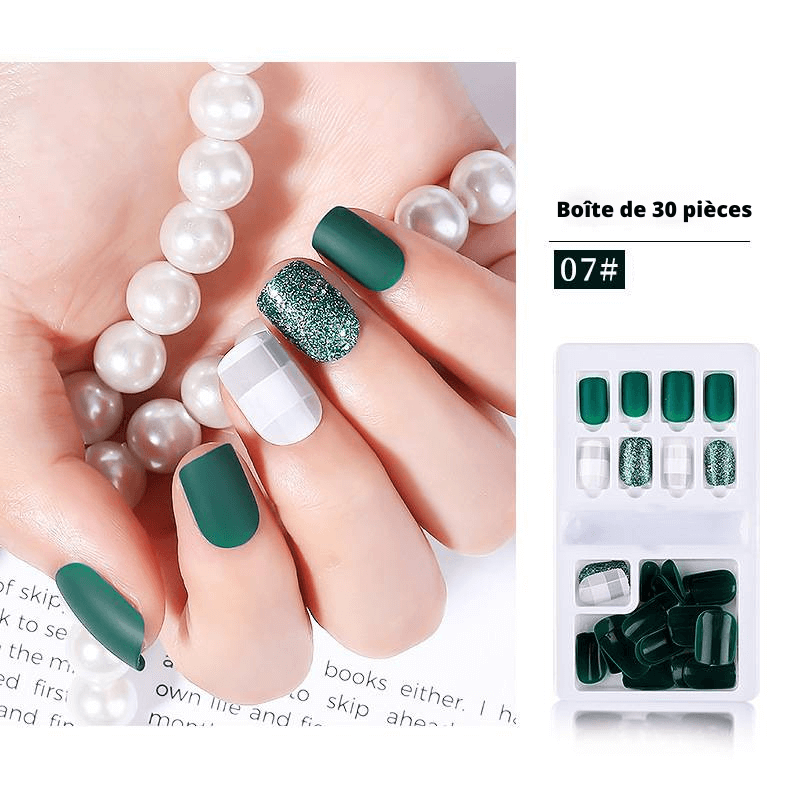 Kit Manucure Faux Ongles Réutilisables Vert/Blanc/Pailleté Argent